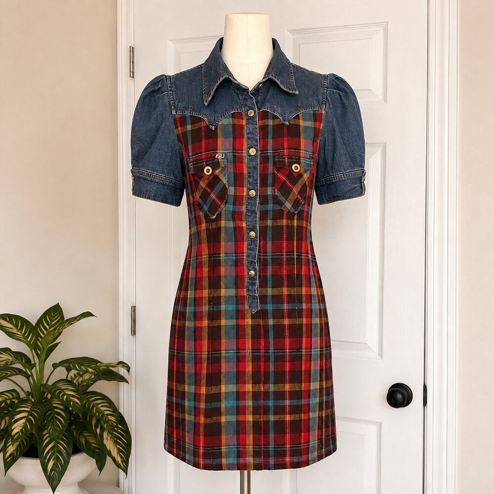 Y2K Miss Sixty Plaid Denim Mini Dress Western Puff Sleeve Grunge Small -